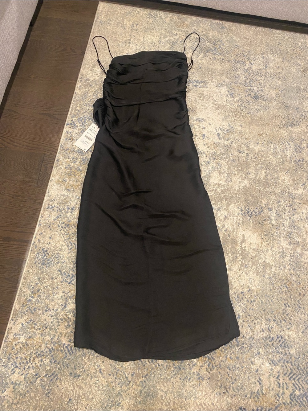 Zara Black Midi Slip Dress with Ruched Bodice